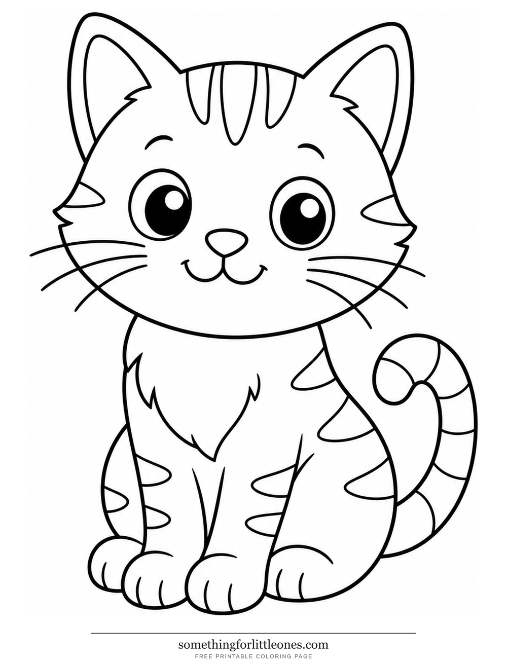 Line drawing of a seated kitten with pointy ears, whiskers, and a curled striped tail