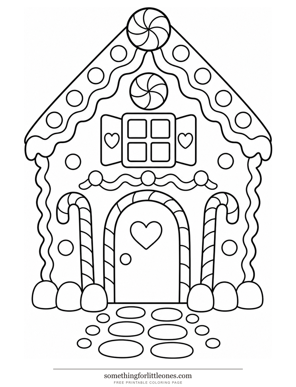 Line drawing of a gingerbread house with icing trim and candy decorations