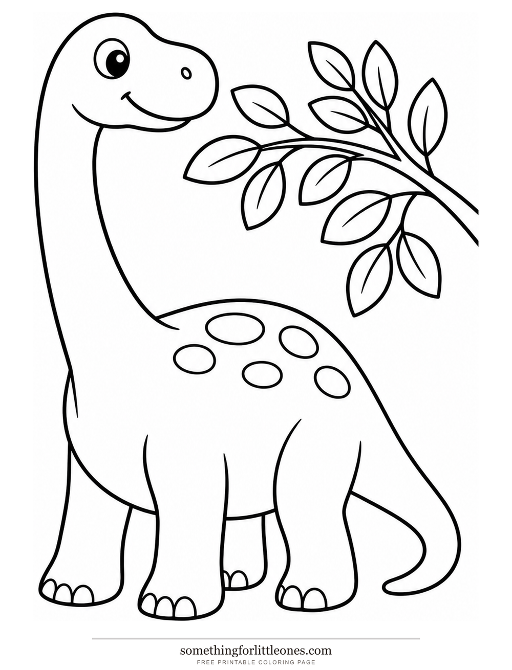 Line drawing of a long-neck brachiosaurus beside a leafy branch