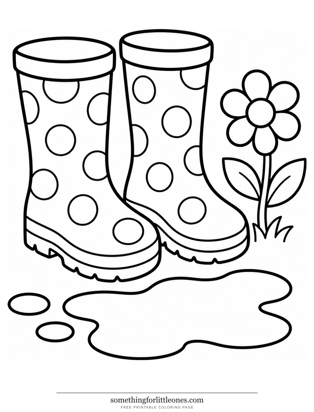 Line drawing of a pair of rain boots, a puddle, and one flower.