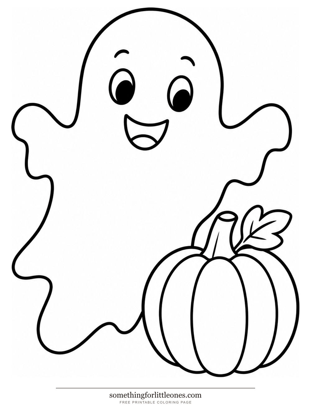 Line drawing of a smiling ghost floating next to a small pumpkin