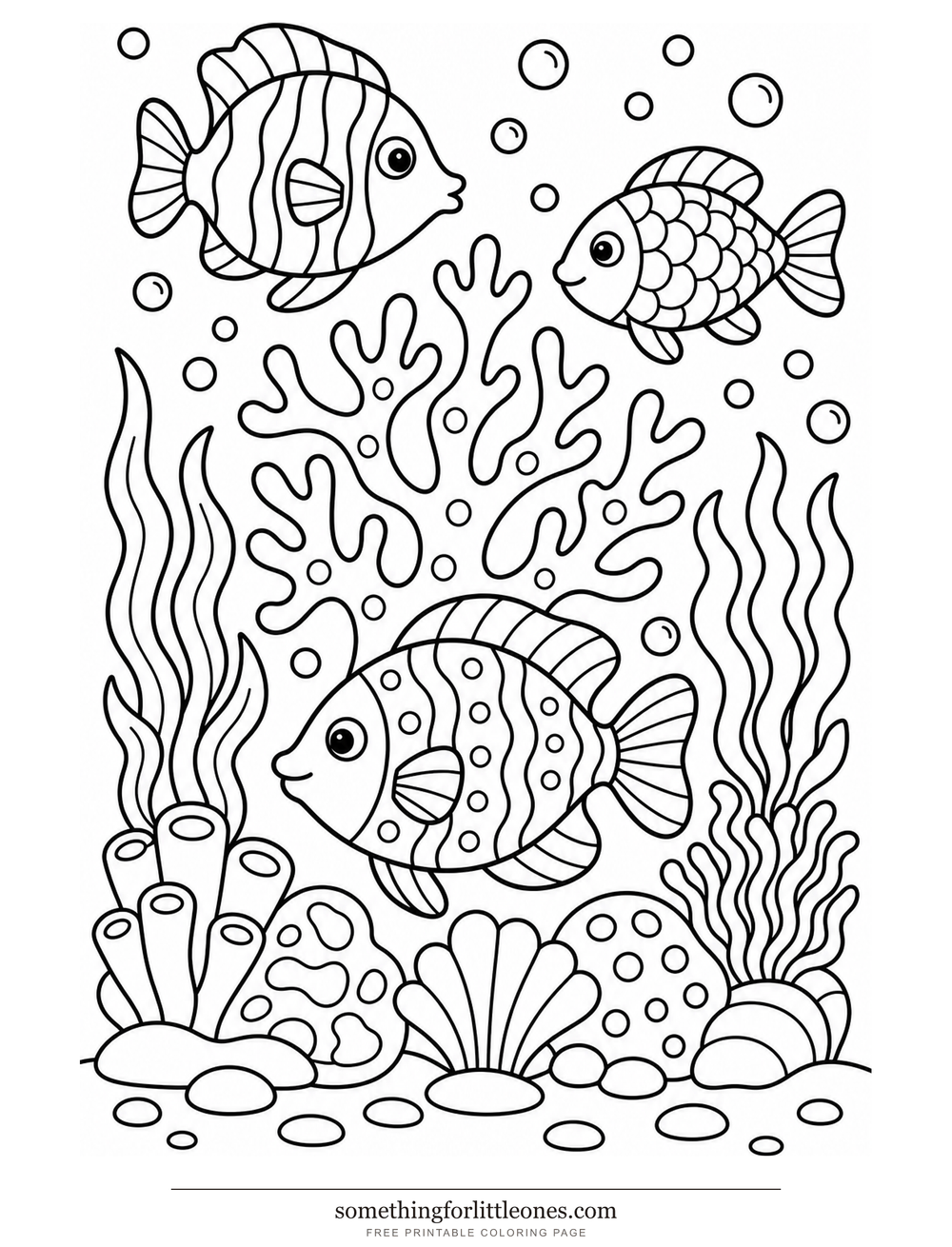 Line drawing of branching coral, three fish, and seaweed.