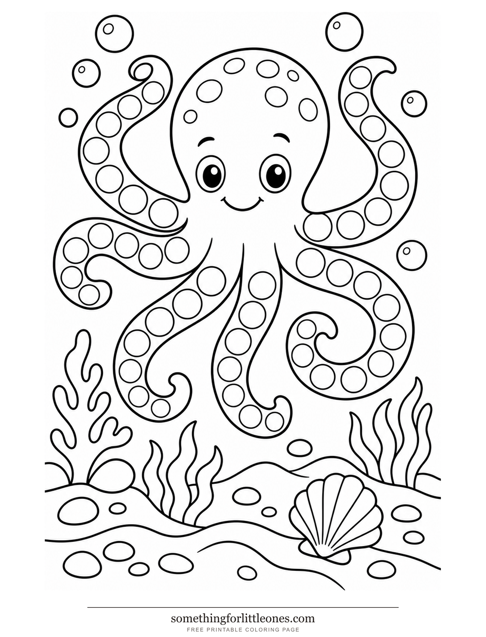 Line drawing of an octopus with large spots on each arm, plus bubbles and a shell.