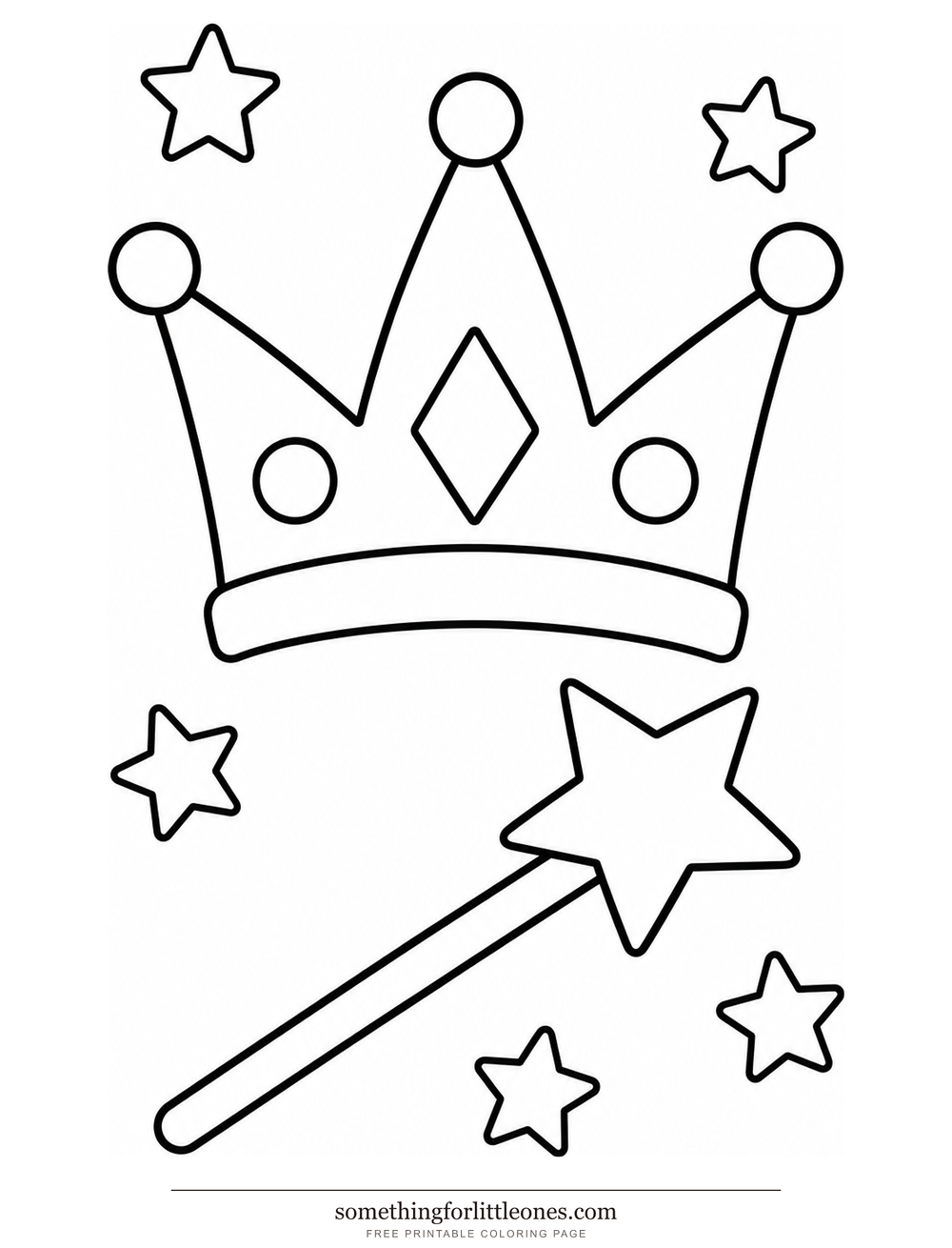 Line drawing of a three-point crown, a wand topped with a star, and small stars