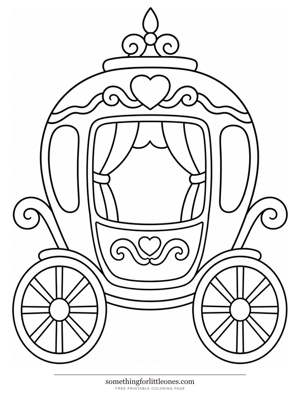 Line drawing of a storybook carriage with large wheels and a window