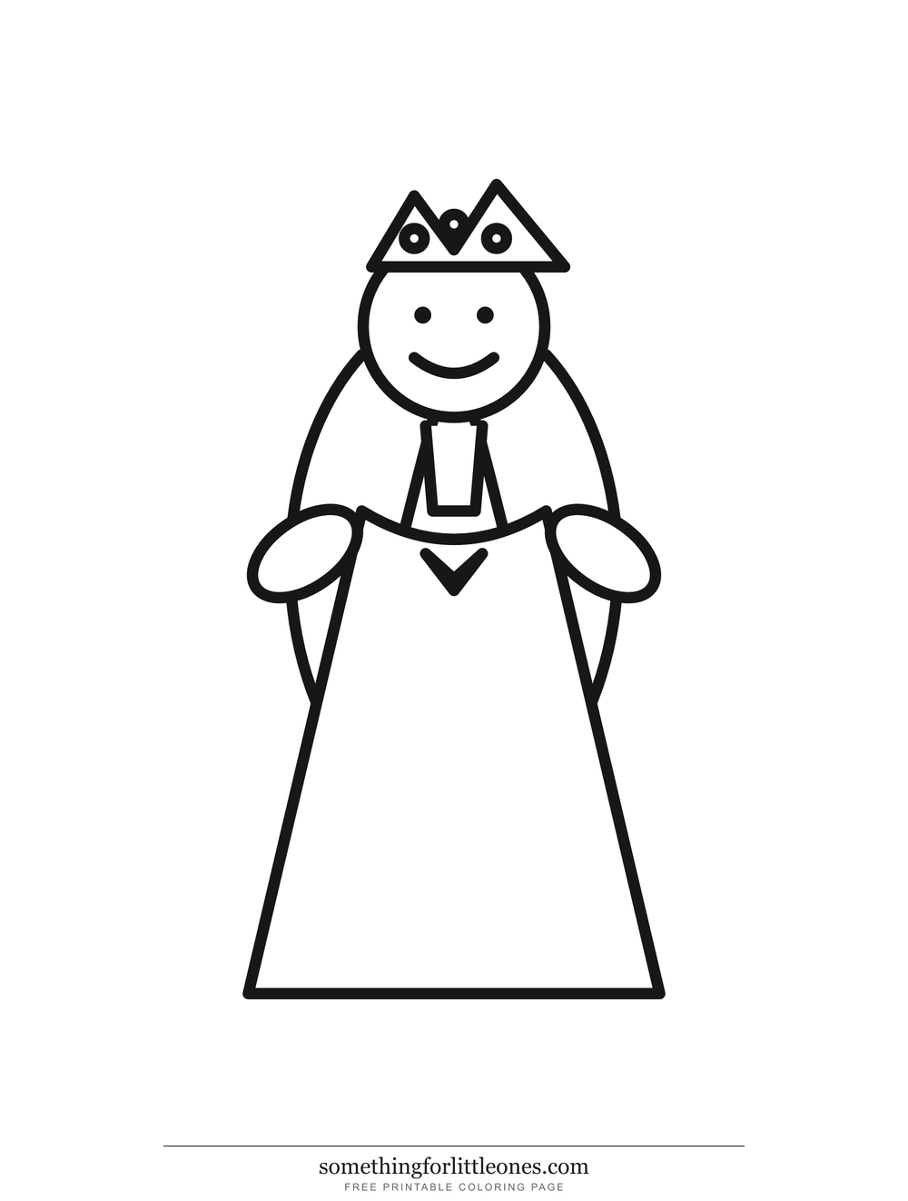 Line drawing of a smiling girl in a full gown and a simple three-point crown