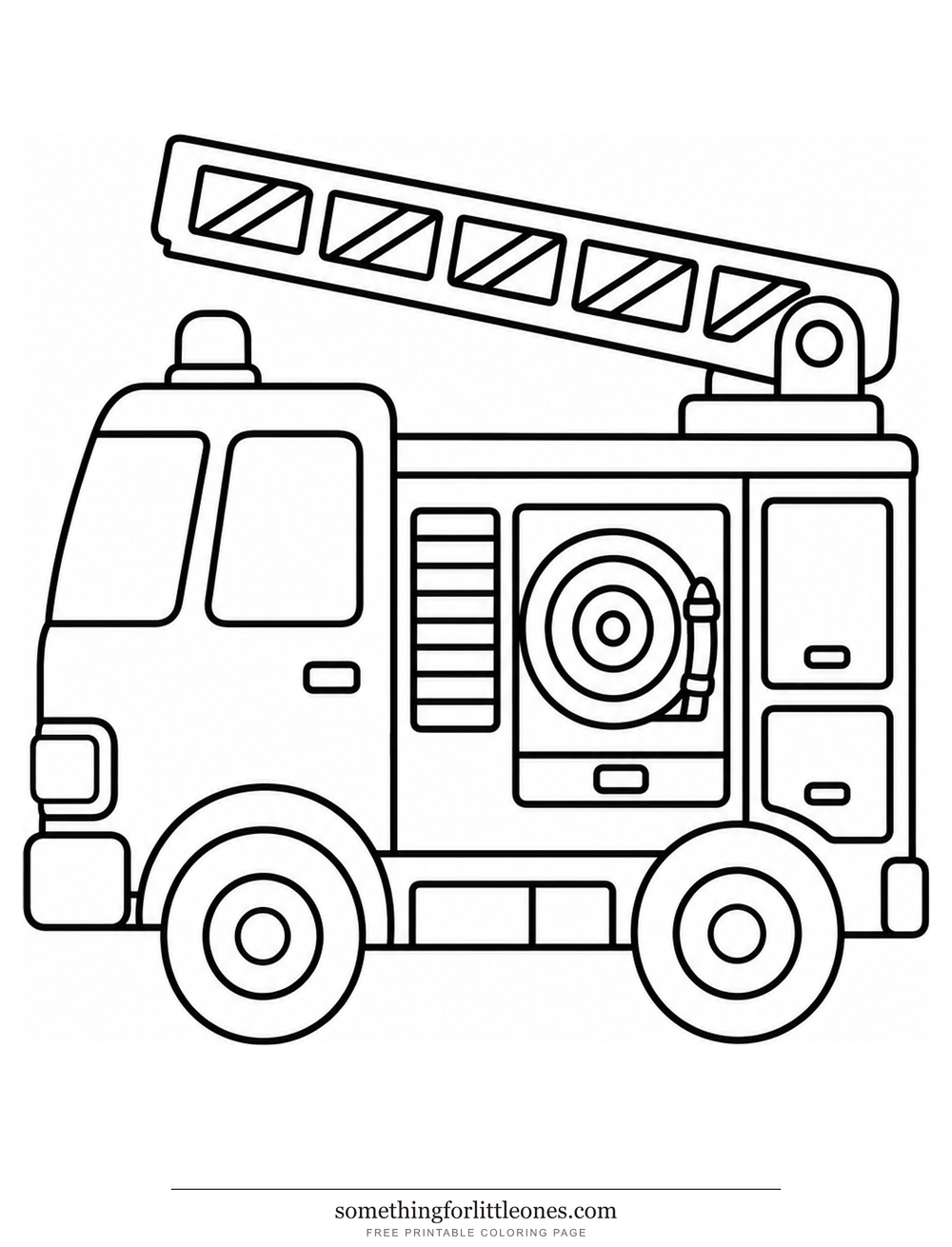 Line drawing of a fire truck with a cab, a ladder, and a hose reel.