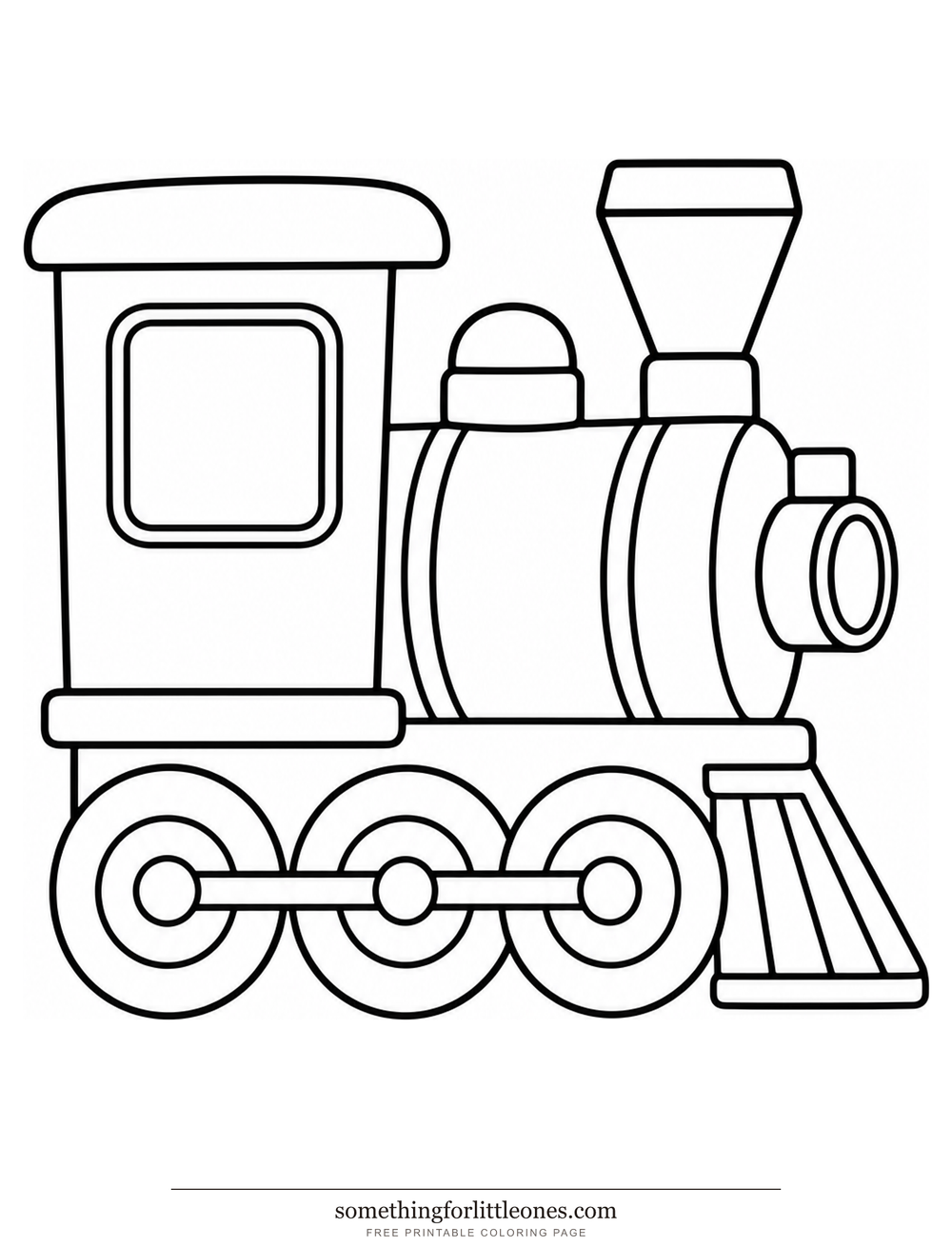 Line drawing of one chunky train engine with three big wheels.