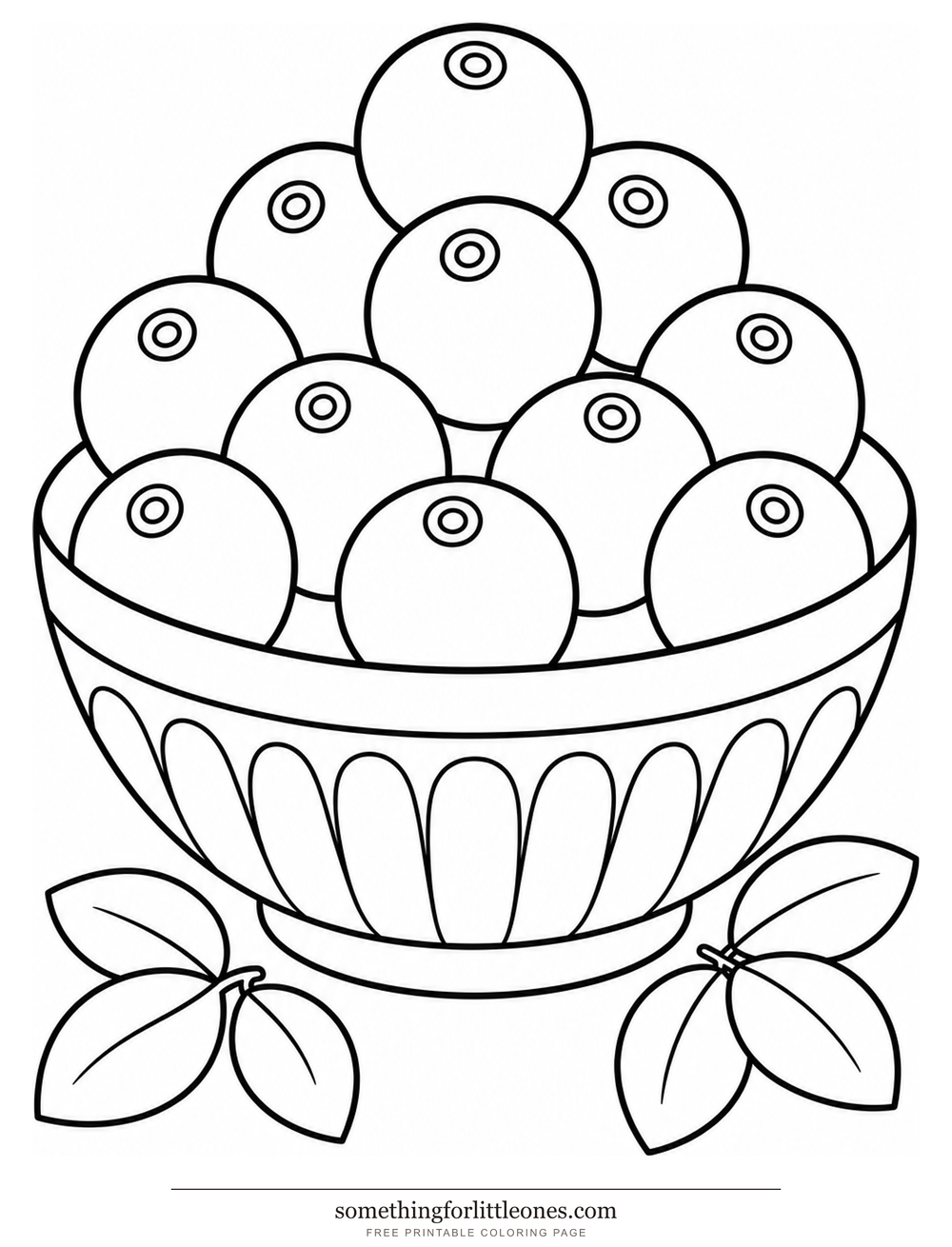 Line drawing of a bowl of large cranberries with a few leaves.