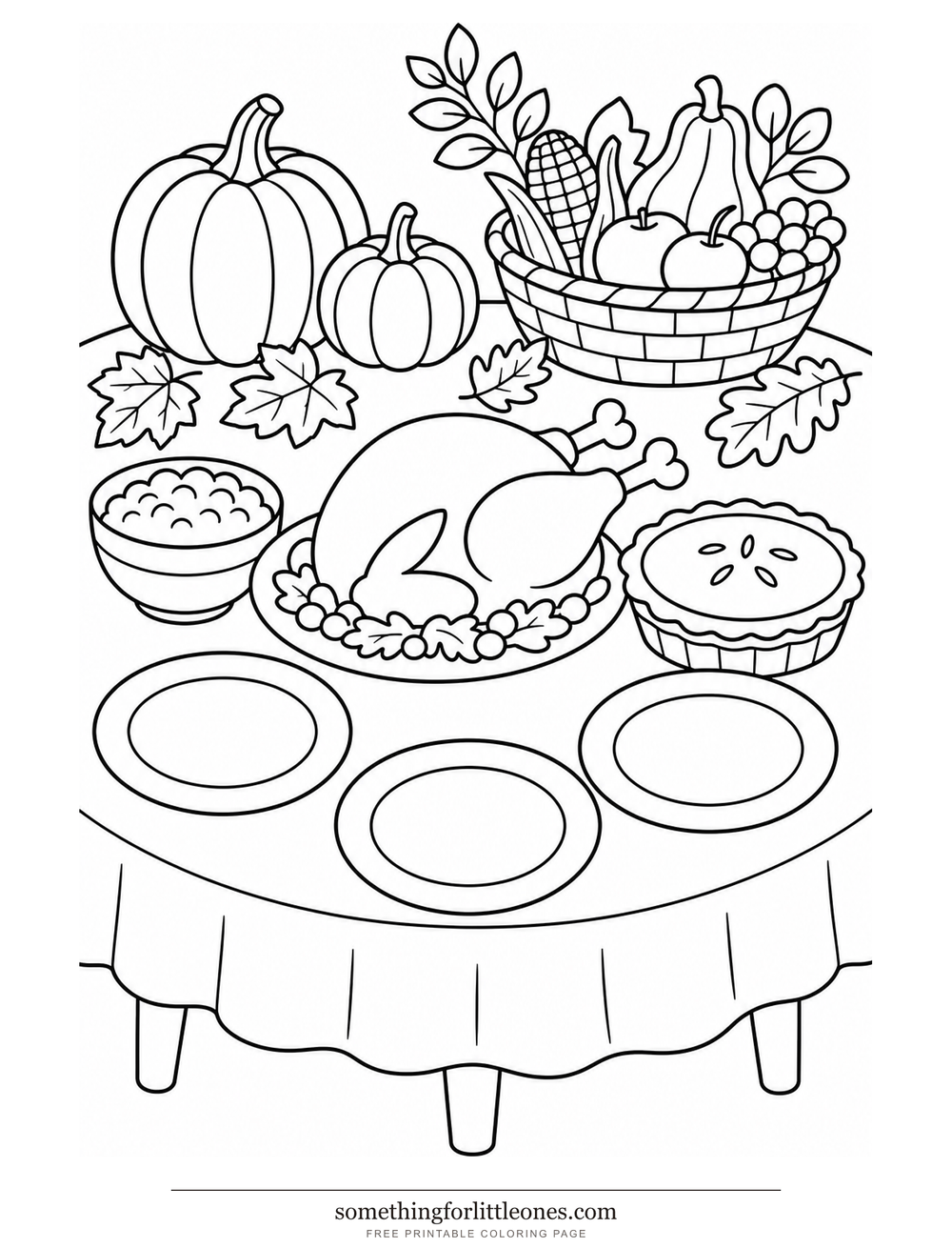 Line drawing of a dinner table with a turkey, a pie, and empty plates.