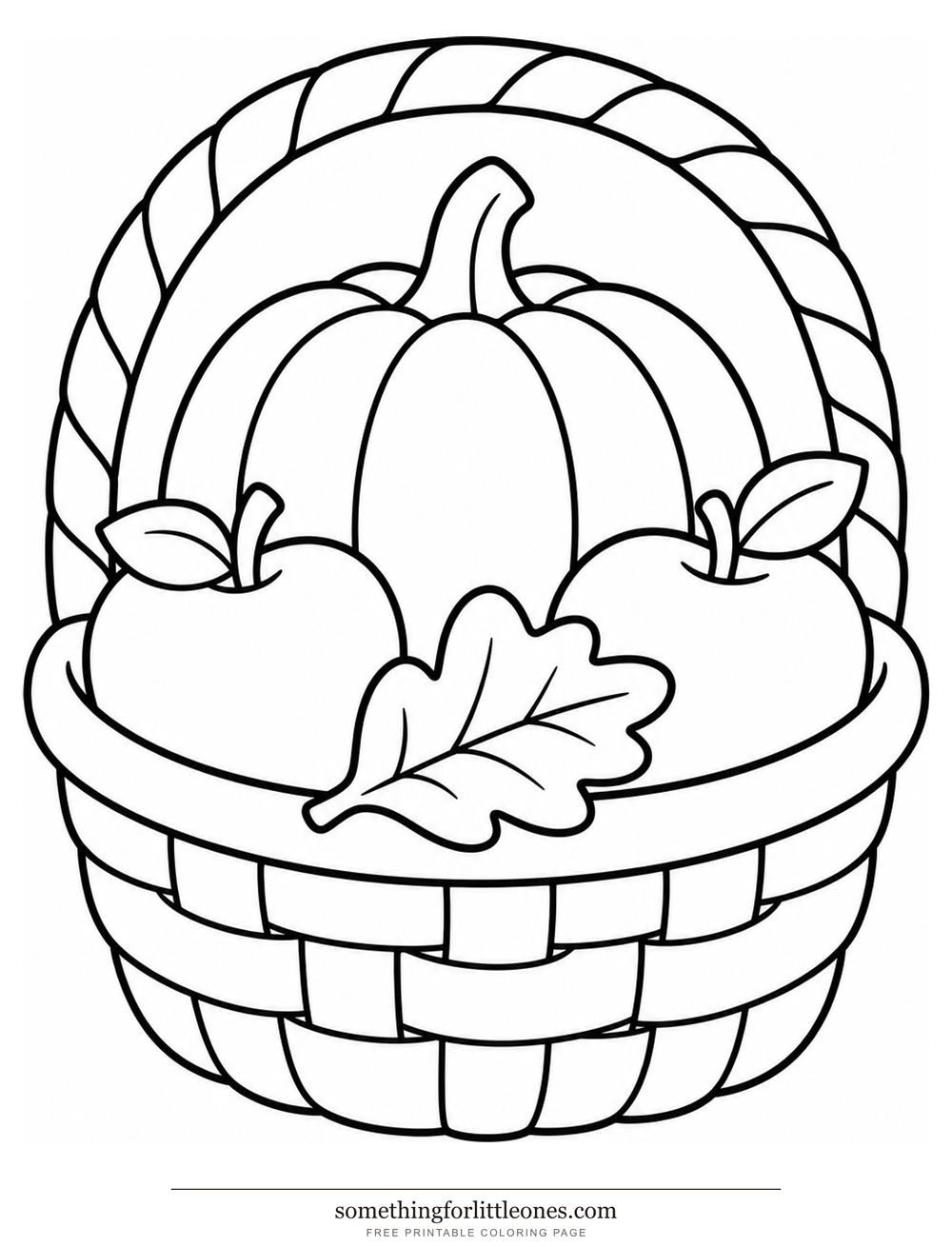 Line drawing of a basket holding a pumpkin, two apples, and a leaf.