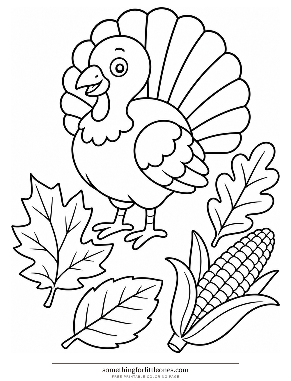 Line drawing of a turkey among three large leaves and an ear of corn.