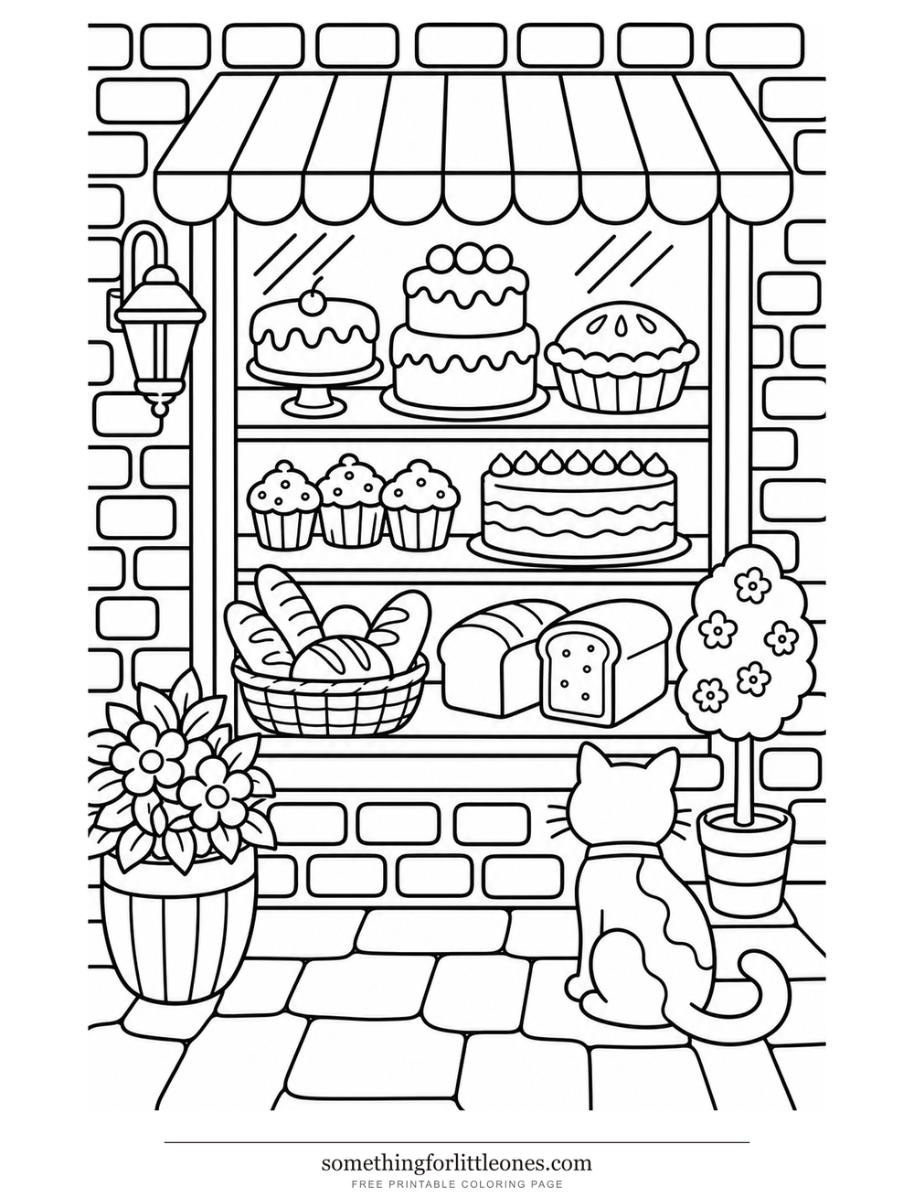 Line drawing of a bakery window full of cakes and bread under a striped awning, with no writing.