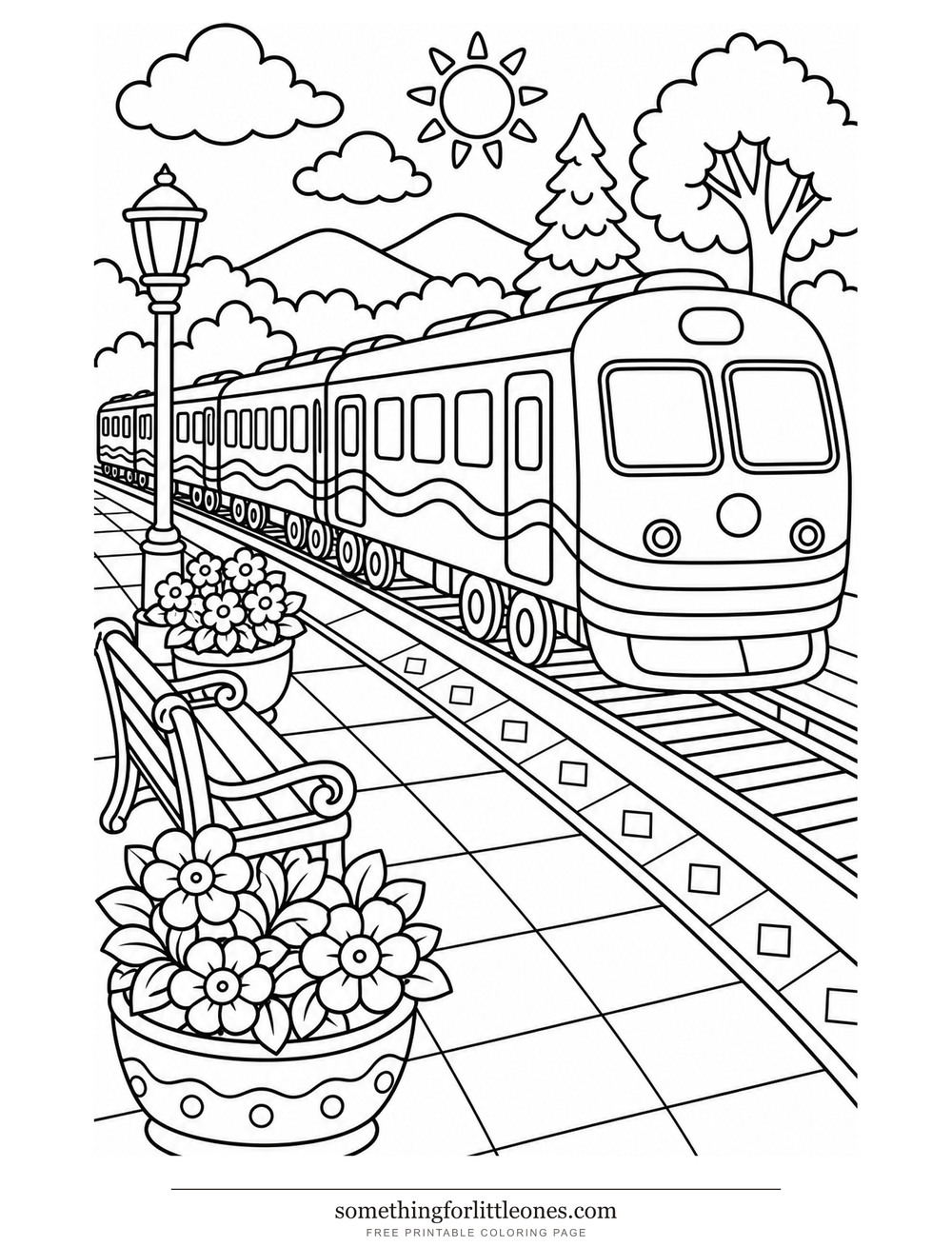 Line drawing of a passenger train with many windows beside a platform, flowers, and a bench.