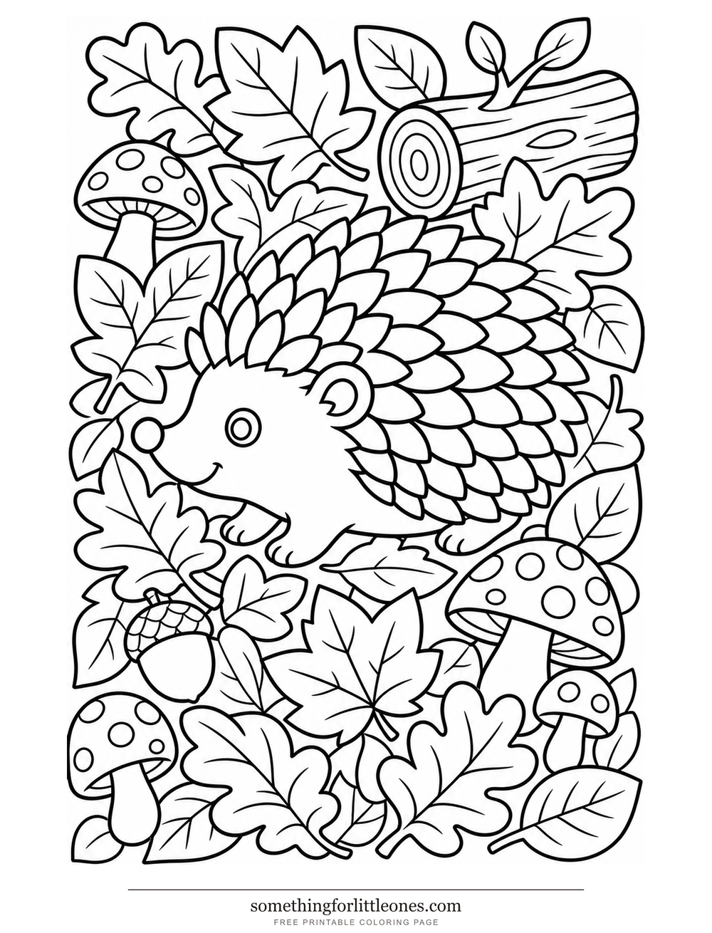 Line drawing of a hedgehog with thick spine shapes, leaves, mushrooms, and a log.