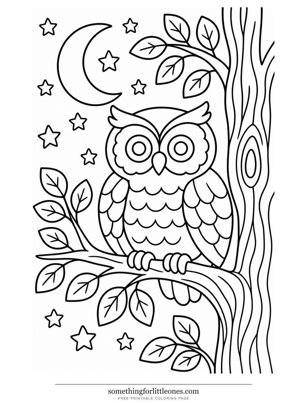 Line drawing of an owl on a branch, with bold feather shapes, a moon, and a tree.
